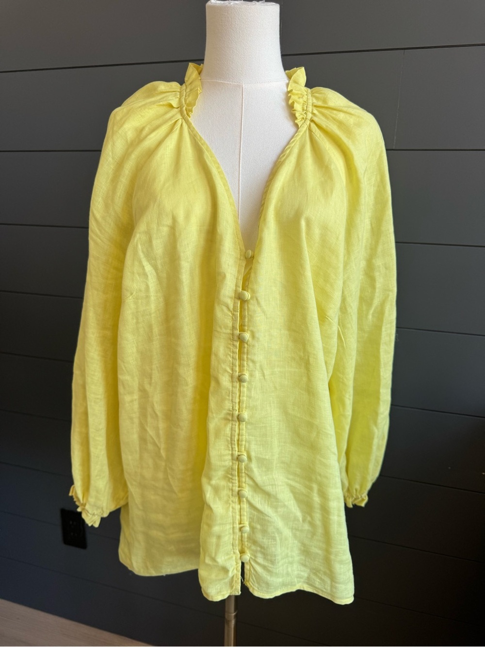 Maeve Audie Puff Sleeve Yellow Linen Button-Front Peasant Blouse Ruffle Vacation